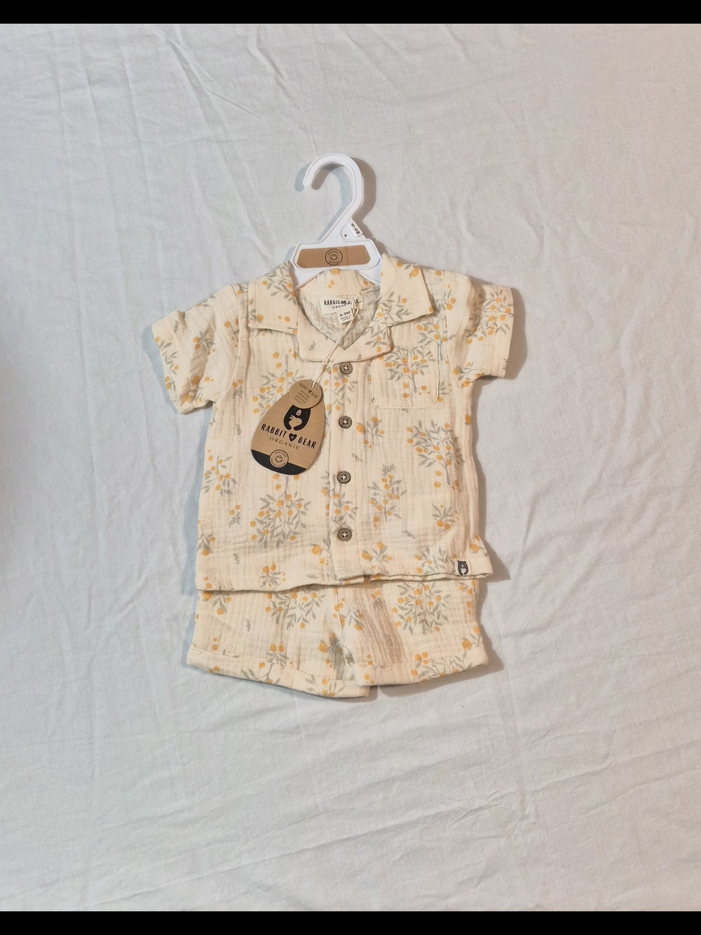 NWT Rabbit + Bear Organic Baby 2 Piece Set 6-9M Muslin Floral Shirt & Shorts